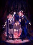  2boys absurdres aged_down arknights black_pants black_shoes black_shorts black_socks blood blue_cape blue_shawl braid cape chinese_commentary closed_eyes closed_mouth coat collared_shirt commentary_request curtains dancing dual_persona feather_hair forehead_jewel full_body gloves head_wings highres holding holding_hands holding_sword holding_weapon interlocked_fingers kneehighs light_particles long_hair long_sleeves looking_at_viewer male_focus multiple_boys necktie official_alternate_costume orange_hair pants parted_bangs passenger_(arknights) passenger_(dream_in_a_moment)_(arknights) passenger_(young)_(arknights) pink_hair ponytail puffy_sleeves puppet robe shawl shirt shoes short_hair short_sleeves shorts side_braid skirt smile socks spotlight standing stole string sui_(blackcatsui_yoi) sword tassel time_paradox very_long_hair weapon white_cape white_gloves white_shirt wings 