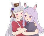  2girls animal_ears aqua_ribbon black_shirt blunt_bangs blush brown_hat cheek_press ear_covers ear_ribbon gold_ship_(umamusume) grin hat highres horse_ears horse_girl hug komori_kamome long_hair looking_at_another looking_at_viewer mejiro_mcqueen_(umamusume) multiple_girls pink_eyes purple_eyes purple_hair purple_ribbon red_shirt ribbon shirt simple_background smile umamusume white_background white_hair 