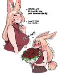  1girl animal_ears bare_arms bare_shoulders blush bouquet breasts bun_wife_(celebelian) celebelian closed_mouth commentary english_commentary english_text flower grin instant_loss large_breasts long_hair low-tied_long_hair multiple_views nose_blush original rabbit_ears rabbit_girl red_sweater rose simple_background sleeveless sleeveless_sweater smile solo sweater turtleneck turtleneck_sweater white_background 