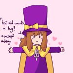  1girl a_hat_in_time black_eyes bow brown_hair cape character_name child closed_mouth commentary diamondnyav english_commentary english_text hat hat_bow hat_kid hat_ribbon heart hug_invitation jacket long_sleeves looking_at_viewer medium_hair options outstretched_arms pink_background ponytail purple_hat purple_jacket ribbon sidelocks smile solo spread_arms top_hat upper_body yellow_bow yellow_cape yellow_ribbon zipper zipper_pull_tab 