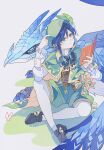  1boy absurdres androgynous beret black_hair blue_eyes blue_hair book bow braid brooch bug butterfly cape chinese_commentary closed_mouth collared_cape collared_shirt commentary_request corset dragon dvalin_(genshin_impact) feathers flower frilled_sleeves frills gem genshin_impact gradient_hair green_cape green_shorts hat hat_flower highres holding holding_book jewelry leaf long_sleeves male_focus multicolored_hair open_book pantyhose pinwheel shirt shoes short_hair_with_long_locks shorts sidelocks simple_background sitting smile solo twin_braids venti_(genshin_impact) vision_(genshin_impact) white_background white_flower white_pantyhose white_shirt zheyan_yuechan 
