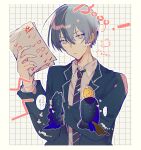  ... 1girl 2boys animal_ears aoyagi_touya arita_(kaibatu_0m_) black_hair blazer blue_hair border collared_shirt commentary diagonal-striped_clothes diagonal-striped_necktie dog_boy dog_ears dog_girl dog_tail fingernails grey_eyes grid_background hair_between_eyes hand_up highres holding holding_paper jacket kamiyama_high_school_uniform_(project_sekai) kemonomimi_mode lapels layered_clothes layered_sleeves long_hair long_sleeves mole mole_under_eye multicolored_hair multiple_boys necktie notched_lapels open_clothes open_jacket open_mouth orange_hair outline paper project_sekai school_uniform seiza shinonome_akito shiraishi_an shirt short_hair sitting speech_bubble split-color_hair spoken_ellipsis striped_clothes striped_necktie tail translation_request two-tone_hair untranslatable_commentary white_outline wing_collar 