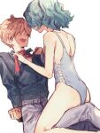  2girls arms_behind_back ass bishoujo_senshi_sailor_moon black_shirt blonde_hair blue_hair bound bound_arms collared_shirt grey_leotard grey_pants highres kaiou_michiru leotard medium_hair multiple_girls open_mouth pants shirt short_hair simple_background straddling sweatdrop ten'ou_haruka white_background yumi_xsh yuri 