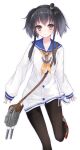  1girl anchor_symbol bad_id bad_twitter_id black_hair blue_sailor_collar blush brown_eyes commentary dress grey_hair hair_between_eyes hat kantai_collection laplusvv_(la+) long_sleeves looking_at_viewer mini_hat multicolored_hair neckerchief pantyhose sailor_collar sailor_dress short_hair_with_long_locks simple_background sleeves_past_wrists solo tokitsukaze_(kancolle) white_background white_dress yellow_neckerchief 