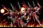  0-sum black_background clenched_hands commentary_request different_zoom_layer energy_ball fire full_body glowing glowing_eyes granvale green_eyes highres horns letterboxed mecha mecha_focus mechanical_horns no_humans outside_border robot science_fiction shoulder_cannon simple_background standing super_robot super_robot_wars zoom_layer 
