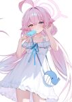  1girl absurdres adjusting_hair ahoge animal_bag bag blue_archive blue_eyes blue_ribbon blush chest_ribbon commentary_request cowboy_shot dress food hair_intakes halo handbag hands_up heterochromia highres holding holding_food holding_popsicle hoshino_(blue_archive) huge_ahoge long_hair looking_at_viewer pink_hair pink_halo popsicle ribbon short_dress shuvi_(shuvi1125) smile smug solo sundress thighs very_long_hair yellow_eyes 