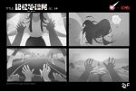  1girl 1other arms_up beach building cityscape commentary concept_art copyright_logo copyright_name english_commentary false_memory flower_pot hand_focus highres hougehou hug jewelry logo looking_at_another mountain necklace ocean official_art people plant reaching road rock scarf skirt sun tree umbrella wind 