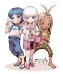  1girl 3boys :3 alternate_costume antenna_hair ascot bag bangs_pinned_back barefoot blonde_hair blue_eyes blue_hair blue_pants brown_eyes brown_pants capri_pants character_print chiikawa chiikawa_(character) child closed_mouth commentary_request crossed_arms dark-skinned_female dark_skin denim flip-flops freckles full_body green_eyes hachiware_(chiikawa) hair_bobbles hair_ornament handbag highres holding_hands holding_strap humanization jeans korean_commentary leggings legs_apart looking_at_viewer multiple_boys multiple_girls neckerchief pants pants_rolled_up pink_ascot pink_bag pink_neckerchief pink_sailor_collar pink_shorts polka_dot polka_dot_shirt raglan_sleeves sailor_collar sandals shirt shoes short_hair short_sleeves shorts shoulder_bag siblings simple_background smile socks standing striped_clothes striped_shirt t-shirt tied_shirt toes topknot usagi_(chiikawa) v white_background white_hair white_shirt whiteanteaterbb 