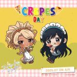  2girls abstract_background apron artist_request black_hair black_pantyhose blonde_hair blue_dress blue_hairband blush bow bowtie braid braided_base brown_eyes brown_shoes chibi chibi_only closed_mouth copyright_logo copyright_name copyright_notice crepe dark-skinned_female dark_skin dress english_text food food_court_de_mata_ashita food_on_face frilled_apron frilled_dress frills fruit full_body gingham_clothes gingham_dress hairband holding holding_crepe holding_food letterboxed licking_lips logo long_dress long_hair long_sidelocks long_sleeves looking_at_viewer maid maid_apron maid_headdress mary_janes multiple_girls official_art orange_bow orange_bowtie orange_dress orange_hairband pantyhose paperclip parted_bangs release_date second-party_source shoes short_dress sidelocks smile star_(symbol) tan tongue tongue_out two-tone_dress very_long_hair wada_(food_court) white_apron white_dress yamamoto_(food_court) 