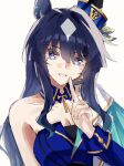  1girl animal_ears asymmetrical_jacket blue_eyes blue_hair breasts cleavage collarbone commentary_request ear_covers hair_between_eyes highres horse_ears horse_girl long_hair looking_at_viewer medium_breasts mole mole_under_eye open_mouth simple_background single_ear_cover smile solo sorekara_64 umamusume upper_body verxina_(le_beau_sommet)_(umamusume) verxina_(umamusume) white_background 