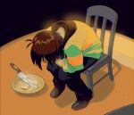  1other angusburgers bent_back black_pants brown_hair brown_shoes chair chart deltarune face_in_hands facing_down food hands_on_own_head head_down highres hood hoodie hunched_over indoors kitchen knife kris_(deltarune) long_sleeves meme on_chair other_focus own_hands_together pants parody pie pie_slice scene_reference shinji_in_a_chair_(meme) shoes simple_background sitting spotlight striped_clothes striped_hoodie two-tone_hoodie utdr_(toby_fox) 