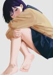  1girl absurdres barefoot blue_sailor_collar blue_skirt blush character_request copyright_request feet grey_background highres hugging_own_legs knees_up legs long_sleeves looking_at_viewer medium_hair miniskirt purple_eyes purple_hair sailor_collar school_uniform shirt simple_background sitting skirt sleeves_past_wrists soles solo terabaito toes yellow_shirt 