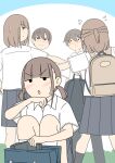  2boys 3girls backpack bag blue_background blush brown_hair closed_mouth collared_shirt commentary_request dress_shirt feet_out_of_frame grey_pants grey_shorts grey_skirt grey_socks gym_shorts juukyuu kanako_(juukyuu) multiple_boys multiple_girls nose_blush original outstretched_arms pants parted_lips pleated_skirt school_bag school_uniform shirt short_sleeves shorts skirt small_sweatdrop socks spread_arms squatting standing sweat tomo_(juukyuu) twintails two-tone_background unworn_shorts v-shaped_eyebrows white_background white_shirt white_socks yui_(juukyuu) 