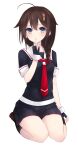  1girl ahoge bad_id bad_twitter_id black_gloves black_skirt black_socks blue_eyes blush braid brown_hair brown_shoes commentary finger_to_mouth fingerless_gloves gloves hair_between_eyes hair_flaps hair_over_shoulder hair_ribbon index_finger_raised kantai_collection laplusvv_(la+) looking_at_viewer neckerchief pleated_skirt red_neckerchief ribbon sailor_collar school_uniform seiza serafuku shigure_(kancolle) shigure_kai_ni_(kancolle) shoes short_sleeves simple_background single_braid sitting skirt socks solo white_background 