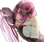  1girl absurdres bare_shoulders black_dress breasts cleavage commentary crossed_arms dress dutch_angle english_commentary hair_ornament hair_over_one_eye head_on_arm highres large_breasts long_hair looking_at_viewer lying on_stomach pink_hair purple_eyes re:zero_kara_hajimeru_isekai_seikatsu secondhand9280 sekhmet_(re:zero) solo white_background 