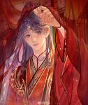  1boy absurdres aegyo_sal alternate_hair_length_(longer) blush chinese_clothes closed_mouth hanfu headband highres hualushui long_hair long_sleeves looking_at_viewer love_and_deepspace male_focus official_alternate_costume purple_eyes rafayel_(love_and_deepspace) red_hanfu solo upper_body very_long_hair watermark weibo_watermark wide_sleeves 