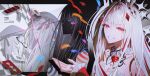  1girl absurdres aha_(honkai:_star_rail) bare_shoulders beret braid breasts card cleavage collar commentary crown diamond_hair_ornament dress dual_persona gem glasses grin hair_intakes hair_ornament hat heart-shaped_gem highres holding holding_removed_eyewear honkai:_star_rail honkai_(series) invisible looking_at_viewer multicolored_hair nihilux_(honkai:_star_rail) projected_inset red_eyes red_gem red_nails red_sleeves red_streaks sky smile solo star_(sky) starry_sky straight_hair streaked_hair tears toru8w8 unworn_eyewear upper_body white_collar white_dress white_hair wiping_face 