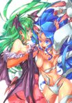  ahoge animal_ears animal_print armpits ass asymmetrical_docking bare_shoulders bat_print bat_wings blue_eyes blue_hair breast_grab breast_press breasts cat_ears cat_tail cleavage demon_girl elbow_gloves fang felicia fingerless_gloves fur gloves grabbing green_eyes green_hair head_wings huge_ahoge large_breasts leotard long_hair mochizuki_akari morrigan_aensland multiple_girls navel open_mouth panties pantyhose print_legwear shiny simple_background succubus tail tongue tongue_out underwear vampire_(game) very_long_hair wings 