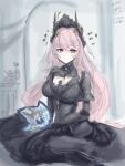  amiya_(arknights) arknights black_dress bouquet civilight_eterna_(arknights) cleavage_cutout clothing_cutout demon_girl demon_horns dress flower frown highres holding holding_bouquet horns kyorixkuan_0 light_frown long_hair pink_eyes pink_hair red_eyes theresa_(arknights) theresa_(condolence)_(arknights) very_long_hair 
