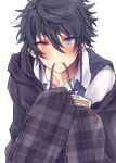  1boy black_hair black_jacket blue_eyes blunt_bangs collared_shirt commentary_request ensemble_stars! heterochromia highres id_card jacket kagehira_mika knees_up koyagi_(cygmilk) lanyard layered_clothes looking_at_viewer male_focus mouth_hold pants plaid_clothes plaid_pants shirt short_hair solo sweater_vest white_shirt wing_collar yellow_eyes 