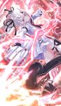  :3 absurdres ass_peek black_ribbon boots closed_mouth commentary_request cross-laced_clothes cross-laced_dress dress dutch_angle from_side gloves grey_hair gun hair_ribbon highres holding holding_gun holding_weapon hololive horns knee_boots long_sleeves nakiri_ayame necktie red_eyes red_necktie ribbon short_dress tatsunami1379 thigh_strap virtual_youtuber weapon white_dress white_gloves 