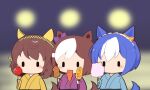  3girls :3 animal_ears blue_hair blue_kimono blurry blurry_background blush brown_hair buena_vista_(umamusume) candy_apple chibi chibi_only commentary_request cotton_candy festival food gomashio_(goma_feet) holding holding_candy_apple holding_cotton_candy holding_food horse_ears horse_girl horse_tail japanese_clothes kimono long_sleeves multicolored_hair multiple_girls no_mouth outdoors purple_kimono short_hair special_week_(umamusume) tail two-tone_hair umamusume upper_body white_hair wide_sleeves yellow_kimono |_| 