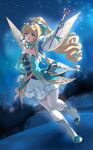  1girl absurdres blonde_hair boots bow breasts chinese_commentary cleavage commentary_request dress drill_hair drill_ponytail drill_sidelocks fairy fairy_wings full_body genshin_impact gloves greedy_baiyitang green_eyes grey_hair hair_bow high_heels highres holding long_hair multicolored_hair night open_mouth pantyhose ponytail sidelocks sky solo streaked_hair tiara vesna_(genshin_impact) wand wings 