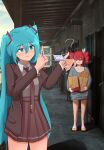  ? absurdres apartment bag blazer blue_eyes blue_hair blush bra_strap brown_jacket brown_necktie brown_shirt brown_skirt collarbone collared_shirt drill_hair eyepatch gin_san31 grocery_bag hatsune_miku highres holding holding_bag holding_eyepatch jacket kasane_teto long_hair long_shirt long_sleeves looking_at_another mcdonald's medical_eyepatch monitoring_(vocaloid) necktie outdoors photo_background pleated_skirt red_eyes red_hair sandals school_uniform shadow shirt shirt_tucked_in shopping_bag skirt socks twin_drills twintails utau very_long_hair vocaloid zettai_ryouiki 