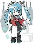  1girl adapted_hairstyle animal apron aqua_eyes aqua_hair aqua_necktie aqua_trim black_gloves black_shoes black_skirt blue_hair blush blush_stickers box collared_shirt commentary fish fish_hair_ornament full_body gloves grey_shirt hair_ornament hatsune_miku holding holding_animal holding_fish kokum0tsu motion_lines necktie salmon shirt shoes short_hair skirt sleeves_rolled_up solo untranslatable_commentary vocaloid white_apron white_background 