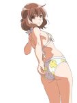  1girl ass back bikini breasts brown_hair closed_mouth commentary fluffy_hair from_behind hal-py halterneck hibike!_euphonium looking_at_viewer looking_back median_furrow medium_hair official_alternate_costume oumae_kumiko print_bikini reaching reaching_towards_viewer shoulder_blades simple_background small_breasts solo standing swimsuit thighs white_background white_bikini yellow_eyes 