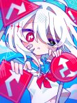  1girl ahoge arrow_(symbol) black_eyes blue_background blue_sailor_collar blush bow bowtie commentary_request dot_nose hair_between_eyes hair_intakes heterochromia long_hair midriff_peek mismatched_pupils navel original parted_lips red_bow red_bowtie red_eyes road_sign sailor_collar school_uniform serafuku shirt sign solo upper_body warning_sign white_hair white_shirt yoame_(hoshizukiyoru) 
