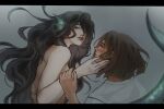  2girls black_hair dark-skinned_female dark_skin fins head_fins highres long_hair merfolk mermaid monster_girl multiple_girls nude sara_lim_baylon shirt sirena_(the_lovers) the_lovers_(studio_heartbreak) topodifogna underwater very_long_hair wavy_hair white_shirt yuri 