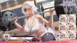  1girl ball barbell bare_shoulders basketball_(object) black_leggings blush breasts cleavage closed_eyes closed_mouth clothes_around_waist commentary dark-skinned_female dark_skin english_commentary exercising eyepatch green_eyes hank_(haze/reverb) haze/reverb highres jacket jacket_around_waist large_breasts leggings navel official_art pants short_hair solo sports_bra squat_(exercise) squatting steaming_body sweat underboob weightlifting weights whistle whistle_around_neck white_hair yoga_pants 