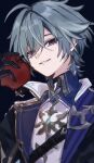  1boy ahoge apple aqua_gem belt black_background black_belt black_choker black_gloves black_jacket blue_cape blue_jacket cape choker collared_shirt commentary_request crossed_bangs earrings empty_eyes eyelashes food fruit gem genshin_impact gloves green_hair hair_between_eyes hand_up highres holding holding_food holding_fruit jacket jewelry lapels lohen_(genshin_impact) looking_at_viewer luikzrh male_focus mole mole_under_eye open_clothes open_jacket purple_eyes shirt short_hair shoulder_boards simple_background single_earring smile solo teeth two-sided_fabric two-sided_jacket upper_body white_shirt 