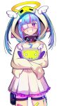  1girl :i absurdres angel_wings bandaid bandaid_on_leg bandaid_on_thigh blue_hair blue_liquid blunt_bangs collar commentary commission cowboy_shot creature crt dress earrings english_commentary eyepatch frilled_dress frills grin hair_ornament halo head_tilt head_wings highres holding holding_creature hood hood_up hooded_dress indie_virtual_youtuber intravenous_drip jewelry kkcyber kkcyber_(kk_2.0) long_hair long_sleeves medical_eyepatch metal_collar missing_wings multicolored_hair pill_earrings pill_hair_ornament pink_eyes pink_streaks pouch radio_antenna seeder-kun_(kkcyber) septhy sidelocks simple_background sleeves_past_fingers sleeves_past_wrists smile sparkling_eyes standing streaked_hair syringe syringe_holster teeth thigh_pouch thigh_strap traditional_halo twintails variant_set virtual_youtuber white_background white_dress white_wings wings y2k_fashion 