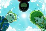  1girl 2boys 4bk63ppm0p54593 bent_over black_hair blonde_hair blue_eyes blue_sky brown_hair cloud commentary_request day from_below green_eyes green_hair highres link looking_at_viewer looking_down mii_(nintendo) mii_brawler mii_brawler_(smash_ultimate) mii_gunner mii_gunner_(smash_ultimate) mii_swordfighter mii_swordfighter_(smash_ultimate) multiple_boys short_hair sky spiked_hair sun sunlight super_smash_bros. sweatdrop worried 
