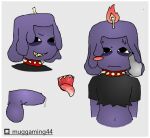 animate_inanimate balls black_clothing black_topwear blush blushcrunch_studio bodily_fluids border candle clothing collar dandy's_world disembodied_hand eye_bags fire genital_fluids genitals hand_on_cheek male muggaming44 navel nervous nervous_sweat open_mouth penis precum purple_body purple_skin saliva sharp_teeth shirt small_penis solo spikes standing sweat sweatdrop teeth teeth_showing topwear torn_clothing torn_shirt torn_topwear waxwell_(dandy's_world) white_border yellow_teeth