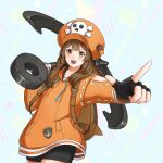  1girl anchor bag black_gloves black_shorts blue_background brown_bag brown_eyes brown_hair clothing_cutout commentary cowboy_shot fingerless_gloves gloves guilty_gear guilty_gear_strive hat highres holding holding_anchor long_hair looking_at_viewer may_(guilty_gear) orange_hat over_shoulder pirate_hat pointing romaji_commentary shorts shoulder_cutout simple_background skull_and_crossbones ueki_nozomi 