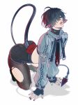  1boy absurdres all_fours animal_ear_piercing animal_ears arched_back commentary cropped_jacket fingerless_gloves full_body garter_straps genderswap genderswap_(ftm) gloves hair_over_one_eye high-waist_shorts highres jane_doe_(zenless_zone_zero) john_doe_(zenless_zone_zero)_(scopeophilia) kornevatheme looking_at_viewer male_focus mouse_boy mouse_ears mouse_tail necktie pantyhose parted_lips red_nails sharp_tail short_hair shorts single_garter_strap single_leg_pantyhose solo tail thighhighs torn_clothes torn_pantyhose torn_thighhighs two-tone_necktie untranslatable_commentary very_long_tail white_background zenless_zone_zero 