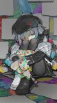  1girl asymmetrical_footwear beret black_hat black_jacket black_pantyhose black_shoes blue_bow blue_eyes bow collared_shirt colored_tips commentary_request footwear_bow green_bow hair_bow hat heterochromia highres holding holding_paintbrush hugging_own_legs jacket jacket_partially_removed jogasaki_noah kori_morri long_hair long_sleeves mahou_shoujo_no_majo_saiban mismatched_footwear multi-tied_hair multicolored_eyes multicolored_hair off_shoulder paintbrush pantyhose polka_dot polka_dot_bow red_eyes ribbon shirt shoes sitting solo spoilers streaked_hair white_hair white_shirt white_shoes yellow_bow 