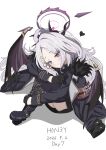  1girl absurdres ahoge artist_name black_coat black_halo black_horns blue_archive blush boots breasts clone_(user_atad4545) coat coat_on_head coat_on_shoulders commentary_request dated demon_girl demon_horns demon_wings fur-trimmed_coat fur_trim gloves hair_ornament hairclip halo head_on_arm heart heart-shaped_pupils highres hina_(blue_archive) horns hugging_own_legs long_hair looking_at_viewer low_wings military_uniform multiple_drawing_challenge multiple_horns parallel_hairclips parted_bangs partial_commentary pencil purple_eyes purple_halo purple_thighhighs purple_wings simple_background sitting small_breasts smile solo symbol-shaped_pupils tally thighhighs thighs very_long_hair wariza white_background white_hair wings 