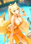  1girl animal_ear_fluff animal_ears bare_arms bare_shoulders bikini blonde_hair blush bracelet breasts cleavage commentary_request commission fox_ears fox_girl fox_tail green_eyes hand_up highres jewelry kamo_ashi large_breasts leaning_forward long_hair looking_at_viewer navel orange_bikini original outdoors pool skeb_commission smile solo standing swimsuit tail v water 