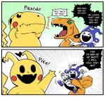 2026 agumon angry anthro atlus bandai_namco black_eyes blue_clothing blue_footwear blue_headgear blue_headwear blue_shoes border claws clothing cross-popping_vein death_threat demon dialogue digimon digimon_(species) english_text eyes_closed feral fist footwear fur generation_1_pokemon gesture green_eyes hand_gesture headgear headwear holding_person holding_someone imitating imp jack_frost_(megami_tensei) laugh male megami_tensei nintendo open_mouth orange_body pikachu pointing pointing_at_another pokemon pokemon_(species) profanity raised_arm red_cheeks sega sharp_teeth shoes smile snowman tail teeth text wanderjegson white_body white_border yellow_body yellow_fur