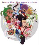  1girl 6+boys afro androgynous annotated arm_hug arm_up bald balding belt black_cloak black_eyes black_sweater blonde_hair blue_eyes blue_kimono blue_skin bow braid brown_hair brown_hat brown_vest cactus chako_(crayon_shin-chan) chonmage cleft_chin cloak closed_mouth colored_skin commentary_request copyright_name count_anaconda crayon_shin-chan crayon_shin-chan:_action_kamen_vs_haigure_maou crayon_shin-chan:_adventure_in_henderland crayon_shin-chan:_ankoku_tamatama_daitsuiseki crayon_shin-chan:_arashi_wo_yobu!_yuuhi_no_kasukabe_boys crayon_shin-chan:_arashi_wo_yobu:_appare!_sengoku_daikassen crayon_shin-chan:_arashi_wo_yobu:_mouretsu!_otona_teikoku_no_gyakushuu crayon_shin-chan:_arashi_wo_yobu_jungle crayon_shin-chan:_buriburi_oukoku_no_hihou crayon_shin-chan:_dengeki!_buta_no_hizume_daisakusen crayon_shin-chan:_gachinko!_gyakushuu_no_robo_toochan crayon_shin-chan:_nazo_meki!_hana_no_tenkasu_gakuen crayon_shin-chan:_ora_no_hikkoshi_monogatari:_saboten_dai_shuugeki crayon_shin-chan:_unkokusai_no_yabou crop_top crossdressing crossdressing_(mtf) dark-skinned_male dark_skin double_bun earrings english_text evil_smile expressionless eyeshadow facial_hair facial_mark fedora fighting_stance finger_on_forehead fingerless_gloves frown gendou_pose glasses gloves goatee gold_earrings gold_necklace gold_ring green_gloves green_kimono green_shirt green_sweater haigure_maou hair_bun half-closed_eyes hat headset heart hecson hieru_jokoman highres holding holding_mask holding_rope interlocked_fingers jacket japanese_clothes jewelry joma_(crayon_shin-chan) justice_love kataginu ken_(crayon_shin-chan) killer_cactus kimono kuroiwa_jintarou lipstick long_hair looking_at_viewer makao_(crayon_shin-chan) makeup mask medium_hair mister_habu mohawk monocle monster mouse_(crayon_shin-chan) multiple_boys multiple_rings muscular muscular_male mustache necklace ohyou_wake old old_man one_eye_covered ookurai_takatora open_mouth otsumun own_hands_clasped own_hands_together pale_skin paradise_king_(crayon_shin-chan) parted_lips pink_eyeshadow pink_gloves pink_hair pink_sweater pocket_square ponytail red_belt red_bow red_gloves red_hair red_lips ring rogues'_gallery rope round_eyewear scar scar_on_chest scar_on_face scar_on_nose serious shirt short_hair sideburns sideways_glance single_braid skinny sleeveless sleeveless_sweater smile smirk smug snake snake_wrapped_around_neck standing star-shaped_eyewear star_(symbol) star_facial_mark sunglasses sweater tiara topknot two-tone_sweater vest white_jacket white_shirt white_snake wide_sleeves yaoi 