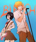  1boy 1girl black_hair bleach bow bowtie breasts brown_pants brown_skirt commentary copyright_name electric_guitar english_commentary guitar hair_ornament hand_in_pocket highres instrument karakura_high_school_uniform kuchiki_rukia kurosaki_ichigo microphone microphone_stand miniskirt orange_eyes orange_hair pants parted_lips playing_instrument pleated_skirt purple_eyes red_bow red_bowtie school_uniform short_hair skirt skyek88 small_breasts smile 