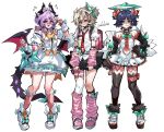  3boys albedo_(genshin_impact) alternate_costume anger_vein aria_(human)_(zenless_zone_zero) aria_(zenless_zone_zero) arm_warmers arms_at_sides arms_up artist_name backpack bag bare_shoulders blonde_hair blunt_sidelocks blush boots bow closed_mouth clothing_cutout collared_shirt commentary_request detached_sleeves dragon_horns dragon_tail dress durin_(genshin_impact) eyeshadow fingerless_gloves full-face_blush full_body garter_belt garter_straps genshin_impact gloves green_eyes hair_between_eyes hair_ornament halo hand_on_own_hip haoro highres horns knee_blush leg_warmers long_sleeves makeup male_focus multiple_boys nangong_yu navel navel_cutout necktie open_mouth pale_skin pink_arm_warmers pink_gloves pink_leg_warmers purple_eyes purple_hair red_eyeshadow scaramouche_(genshin_impact) shirt shoes short_hair short_sleeves short_twintails side_ponytail sidelocks signature skirt sneakers striped_arm_warmers striped_leg_warmers sunna_(zenless_zone_zero) sweat sweatdrop tail thighhighs twintails v wanderer_(genshin_impact) white_background white_shirt wings zenless_zone_zero 