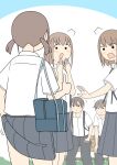  2boys 3girls ^^^ backpack bag blue_background blush brown_hair closed_mouth clothes_lift commentary_request frown grey_pants grey_skirt hair_between_eyes hands_up juukyuu kanako_(juukyuu) lifting_own_clothes multiple_boys multiple_girls open_mouth original pants pleated_skirt school_bag school_uniform skirt skirt_lift solid_circle_eyes tomo_(juukyuu) twintails two-tone_background v-shaped_eyebrows white_background yui_(juukyuu) 