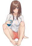  1girl barefoot blue_eyes blush breasts brown_hair can closed_mouth collarbone commentary_request drink_can feet full_body go-toubun_no_hanayome hair_between_eyes holding holding_can knees_apart_feet_together large_breasts long_hair_between_eyes looking_at_viewer nakano_miku pink_shorts ran_maru shirt short_shorts short_sleeves shorts simple_background sitting solo spread_legs t-shirt toes wet wet_clothes wet_shirt white_background white_shirt 