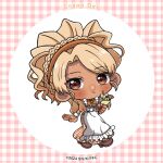  1girl apron artist_request blonde_hair blush border bow bowtie braid braided_base brown_eyes brown_shoes chibi chibi_only closed_mouth copyright_notice crepe dark-skinned_female dark_skin dress english_text food food_court_de_mata_ashita frilled_apron frills fruit full_body gingham_border gingham_clothes gingham_dress hairband holding holding_crepe holding_food logo long_dress long_hair long_sleeves looking_at_viewer maid_apron official_art orange_bow orange_bowtie orange_dress orange_hairband parted_bangs second-party_source shoes smile solo star_(symbol) tan two-tone_dress white_apron white_background white_border white_dress yamamoto_(food_court) 