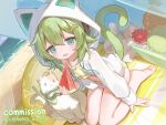  1girl :d animal animal_hood barefoot bikini blue_eyes blush cat cat_girl cat_hood cat_tail cloneko_(zelmeledf2) commentary_request commission crossed_bangs double-parted_bangs feet food fruit full_body goggles green_hair hair_between_eyes highres holding holding_food hood hood_up hoodie indie_virtual_youtuber looking_at_viewer navel open_clothes open_hoodie open_mouth short_hair sitting skeb_commission smile solo suzumiya_suzume swim_goggles swimsuit tail virtual_youtuber watermelon watermelon_slice yellow_bikini 